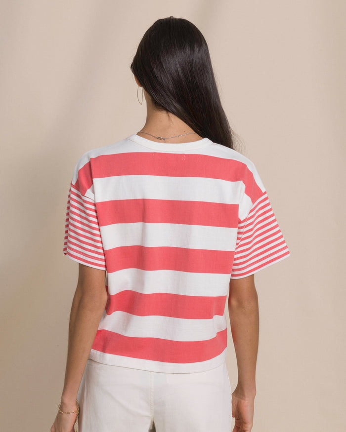 The back view of the Southern Tide Remi Mixed Stripe Boxy Tee by Southern Tide - Coral Beach