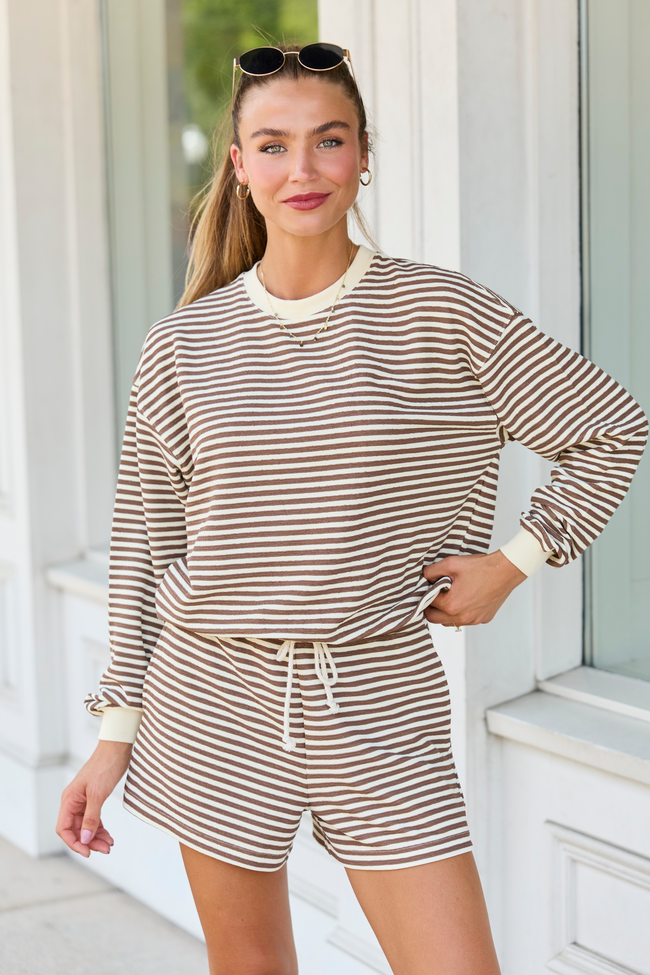 Right At Home Textured Striped Crewneck Mocha