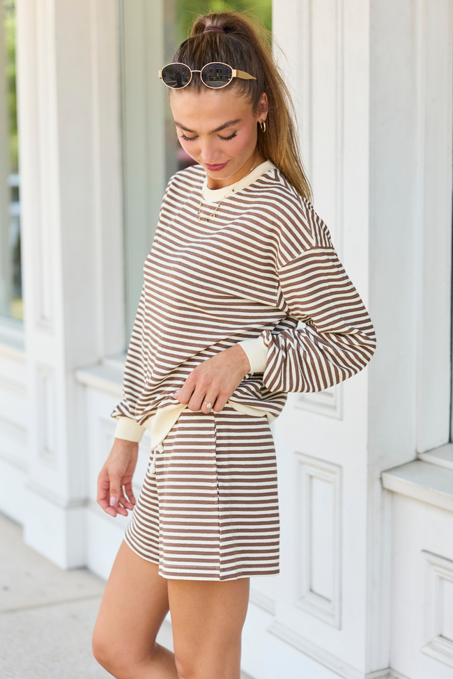 Right At Home Textured Striped Crewneck Mocha