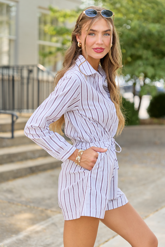 Right This Way Brown/White Striped Romper