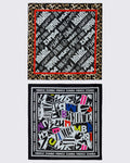Two square bandanas on a white background. The top bandana celebrates iconic rock band logos and had a natural leopard print. The bottom bandana has a ripped page pattern print, framed with a white Zumba text border.