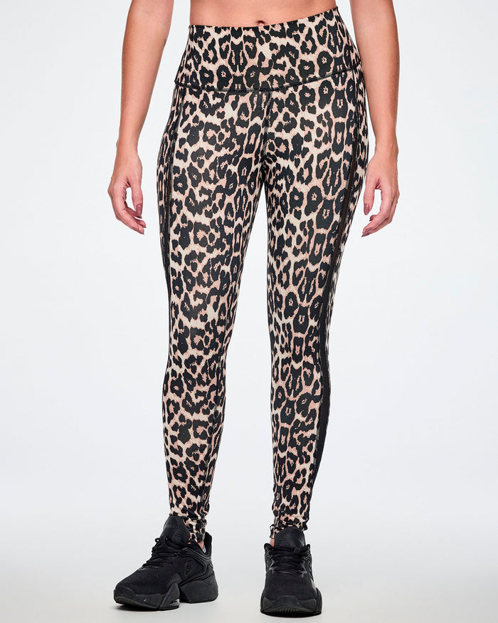Front view of a female model wearing high-waisted leopard print leggings with sheer side panels, paired with black shoes.