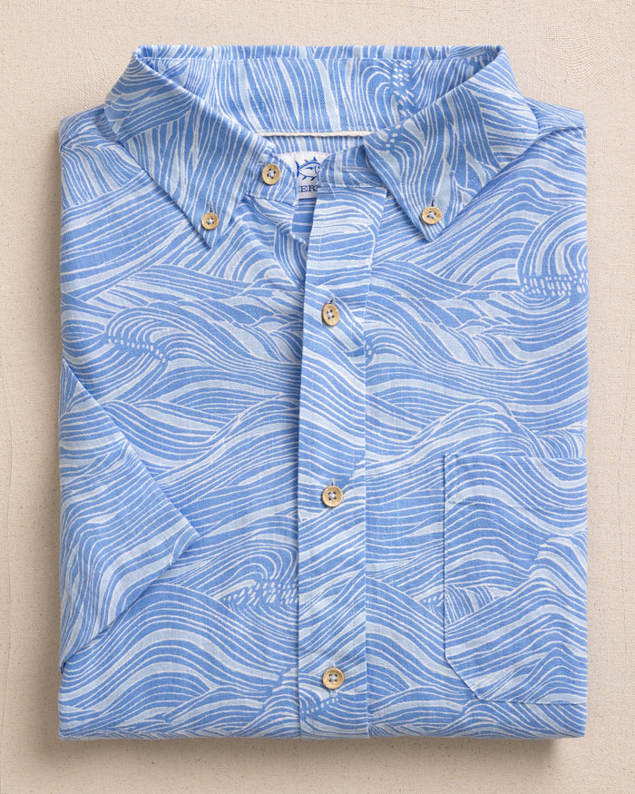 The front view of the Southern Tide Rolling Waves Linen Rayon Short Sleeve Sport Shirt by Southern Tide - Cerulean