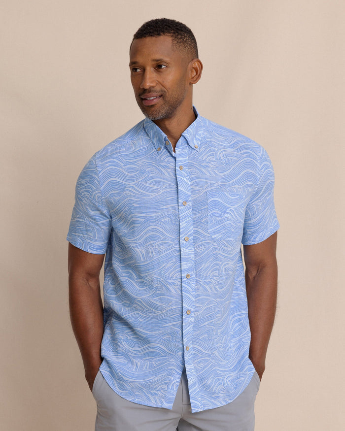 The front view of the Southern Tide Rolling Waves Linen Rayon Short Sleeve Sport Shirt by Southern Tide - Cerulean