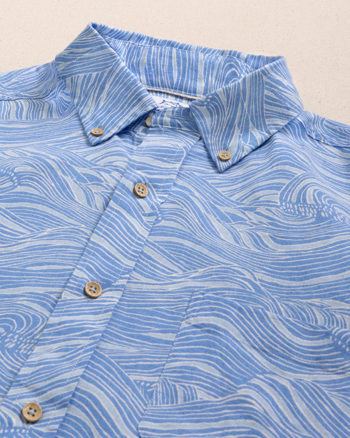 The detail view of the Southern Tide Rolling Waves Linen Rayon Short Sleeve Sport Shirt by Southern Tide - Cerulean