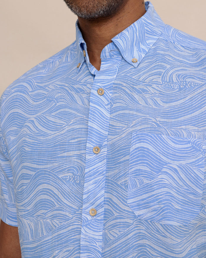 The detail view of the Southern Tide Rolling Waves Linen Rayon Short Sleeve Sport Shirt by Southern Tide - Cerulean
