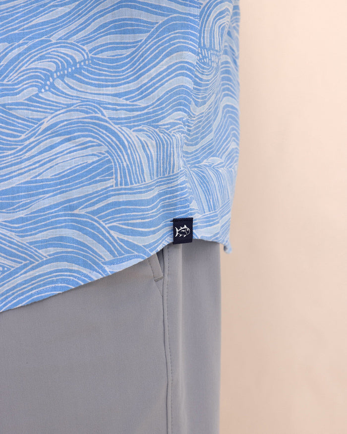 The detail view of the Southern Tide Rolling Waves Linen Rayon Short Sleeve Sport Shirt by Southern Tide - Cerulean