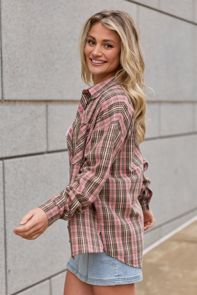 Rory Pink And Green Plaid Flannel Button Down Top SALE