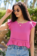 Ruby Pink Gauze Flutter Button Back Woven Blouse FINAL SALE