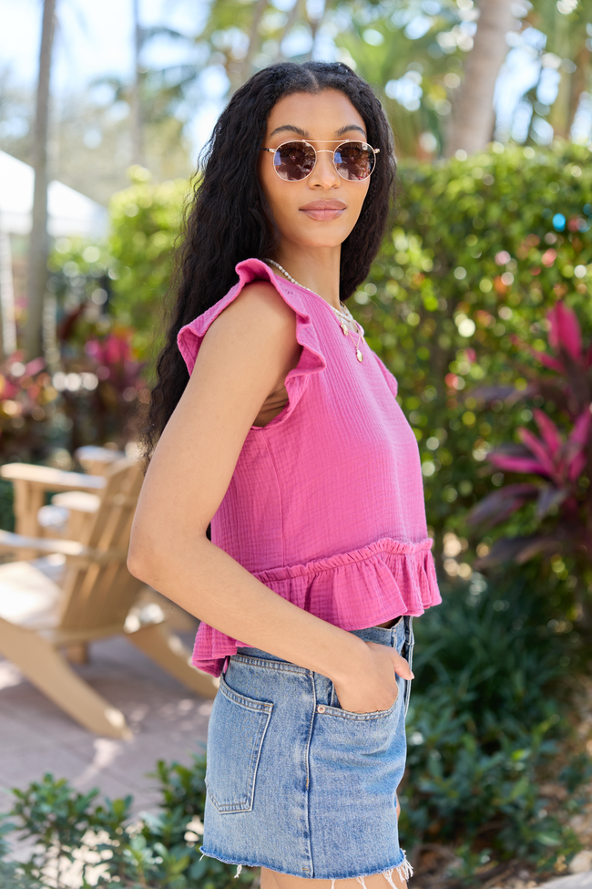 Ruby Pink Gauze Flutter Button Back Woven Blouse FINAL SALE