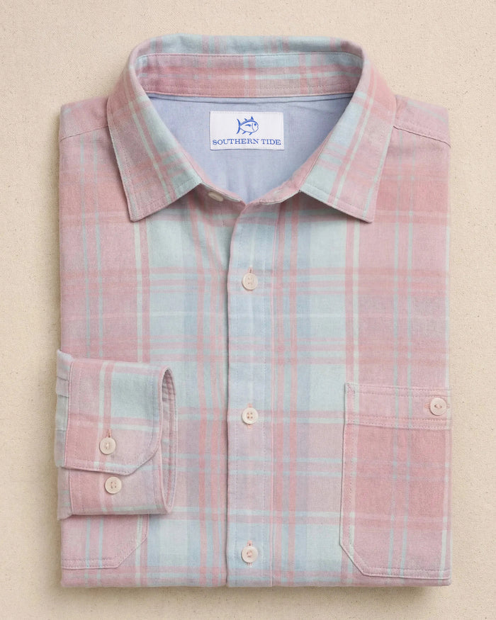 The front view of the Southern Tide Salter Path Plaid Double Cloth Sport Shirt by Southern Tide - Pale Rosette