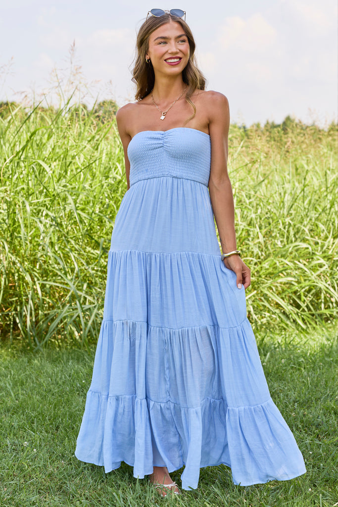 Saltwater Dreams Blue Strapless Tiered Maxi Dress
