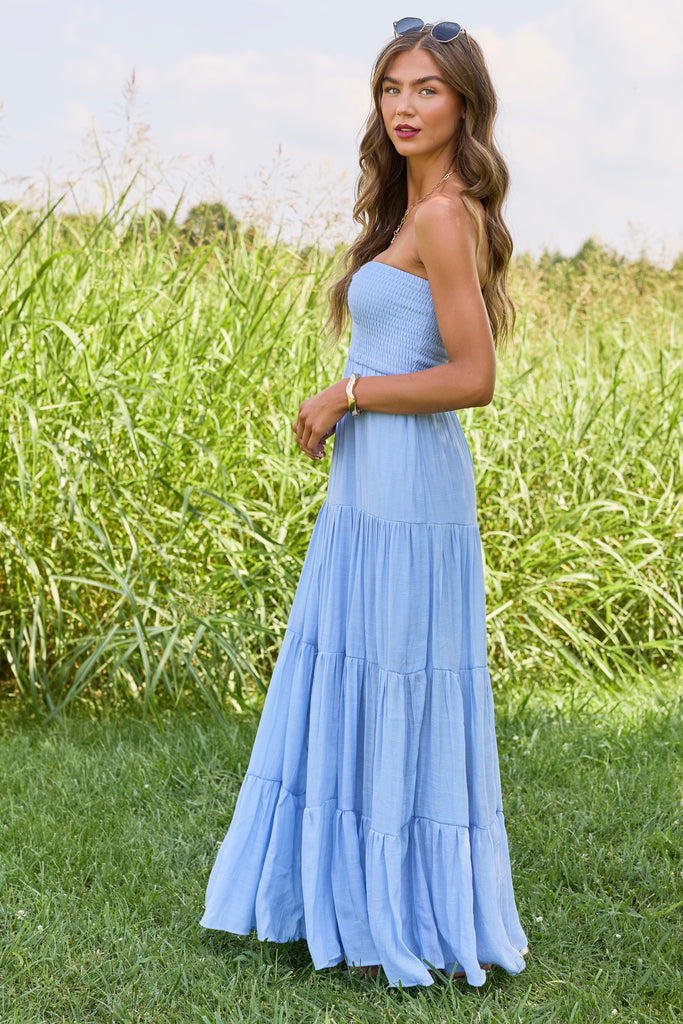 Saltwater Dreams Blue Strapless Tiered Maxi Dress