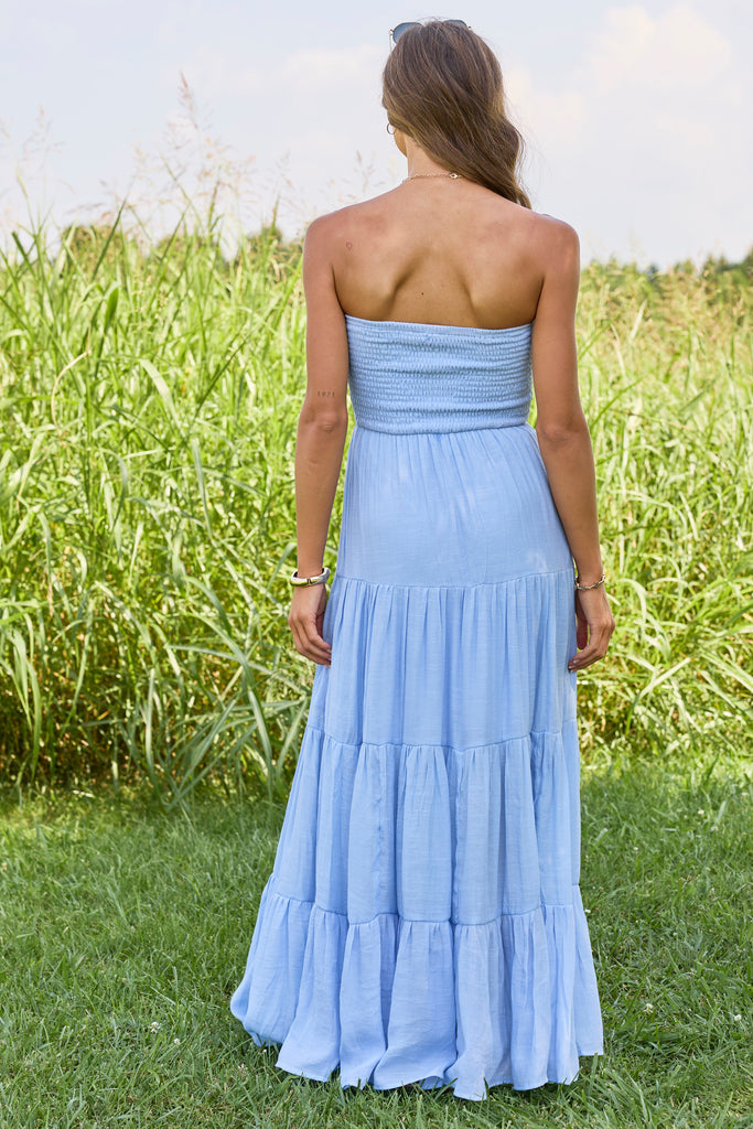 Saltwater Dreams Blue Strapless Tiered Maxi Dress