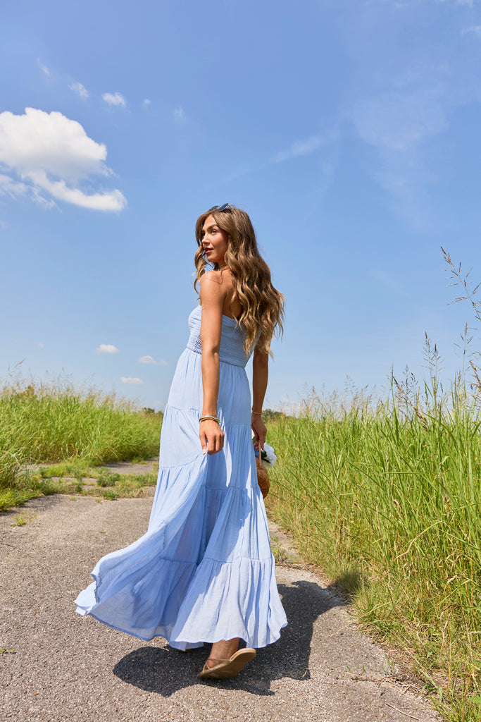 Saltwater Dreams Blue Strapless Tiered Maxi Dress