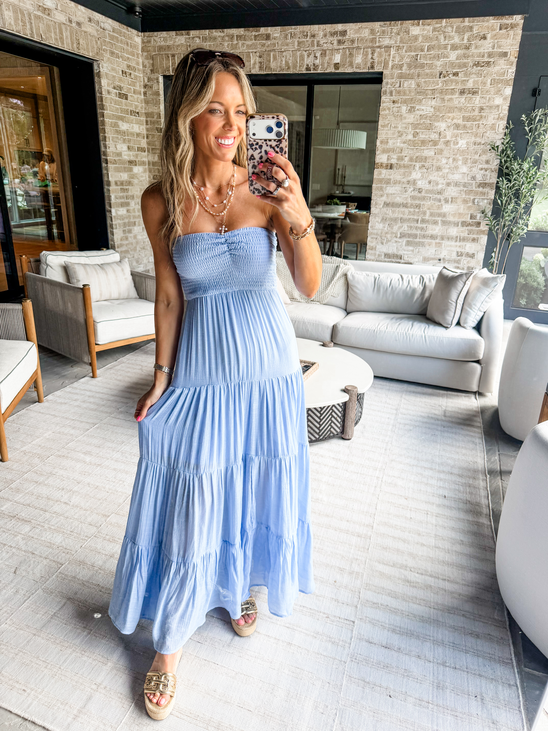 Saltwater Dreams Blue Strapless Tiered Maxi Dress