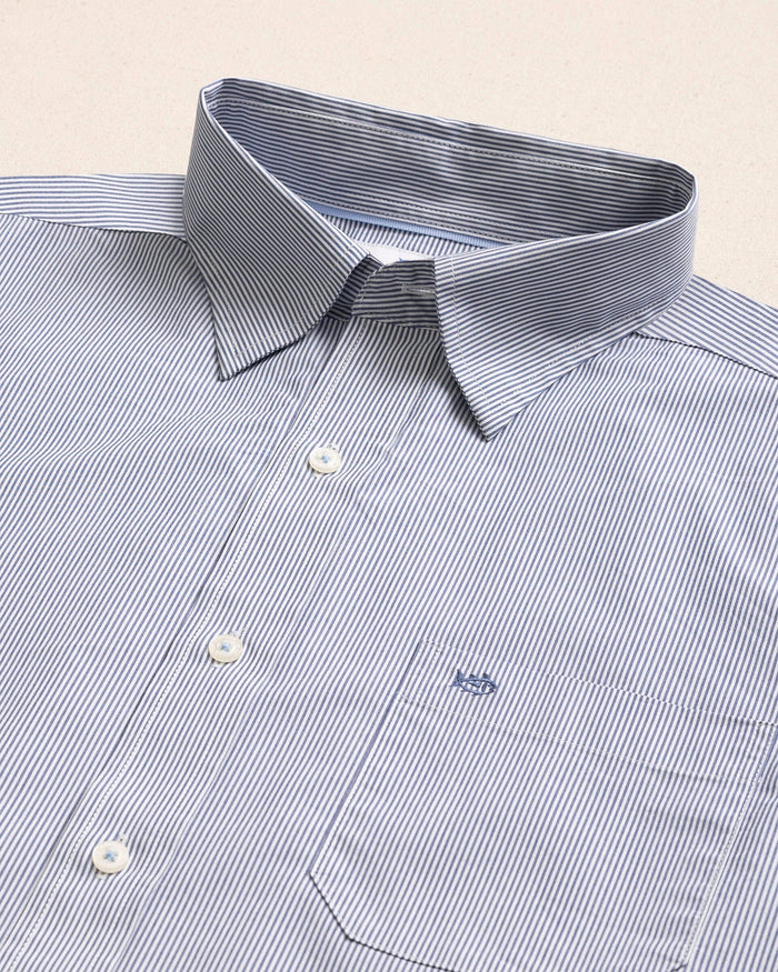 The detail view of the Southern Tide Sampson Stripe Charleston Sport Shirt by Southern Tide - Nautical Blue