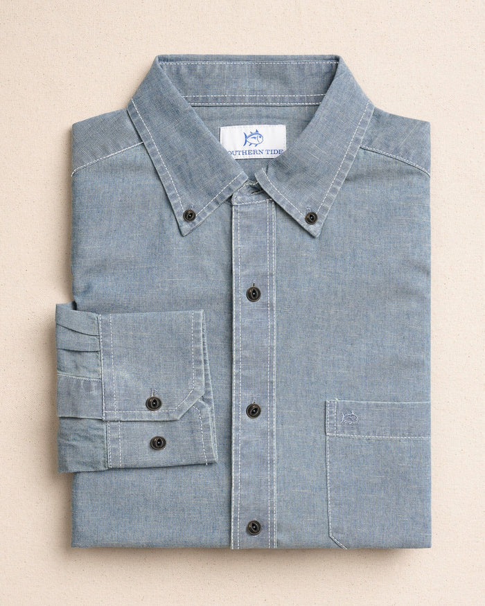 The front view of the Southern Tide Sandy Beach Chambray Sport Shirt by Southern Tide - Blue Chambray