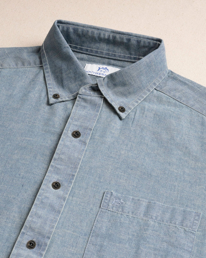 The detail view of the Southern Tide Sandy Beach Chambray Sport Shirt by Southern Tide - Blue Chambray