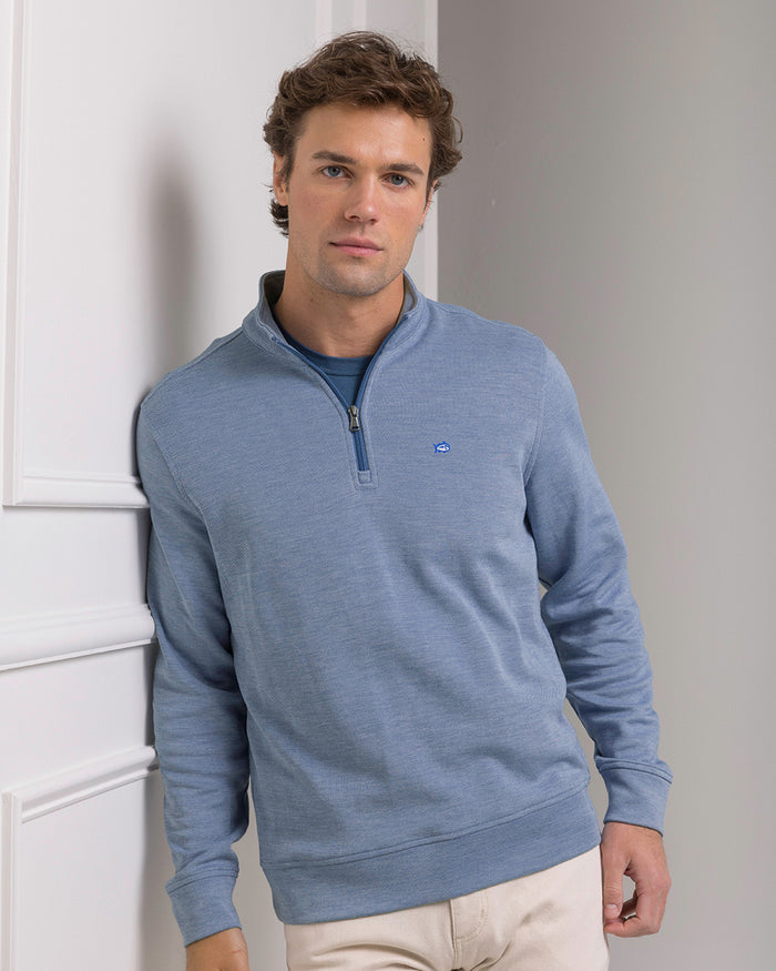The front view of the Southern Tide Sandy Cove Pique Quarter Zip by Southern Tide - Nautical Blue