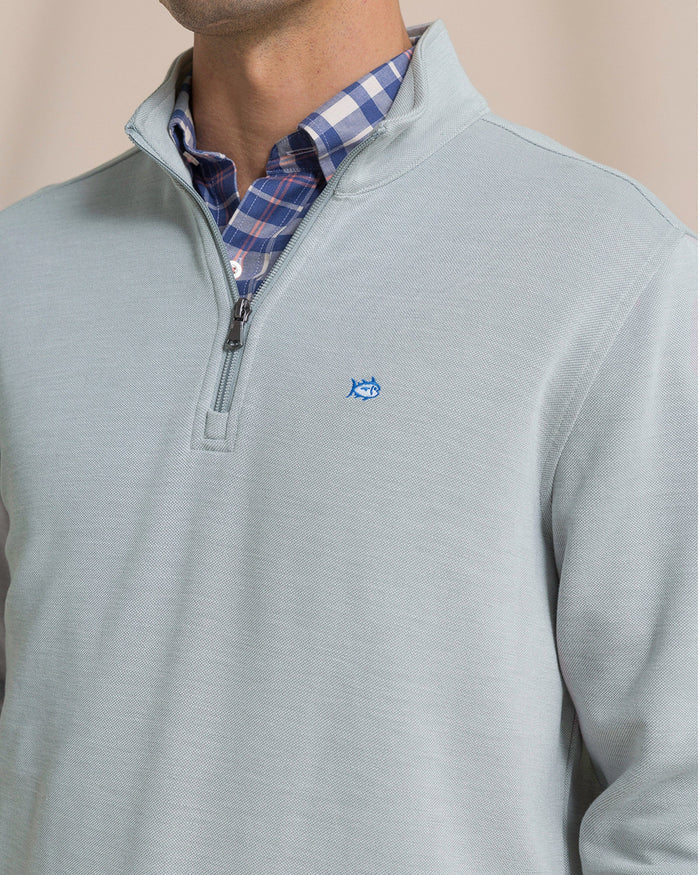 The detail view of the Southern Tide Sandy Cove Pique Quarter Zip by Southern Tide - Steel Grey