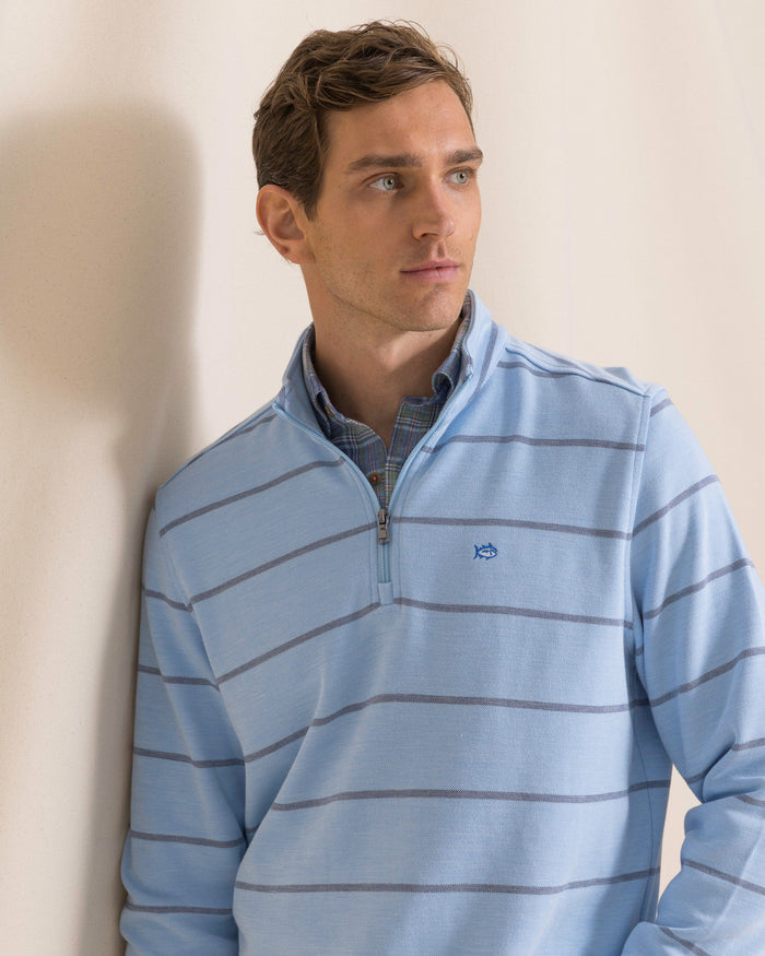 The detail view of the Southern Tide Sandy Cove Pique Stripe Quarter Zip by Southern Tide - Ocean Channel