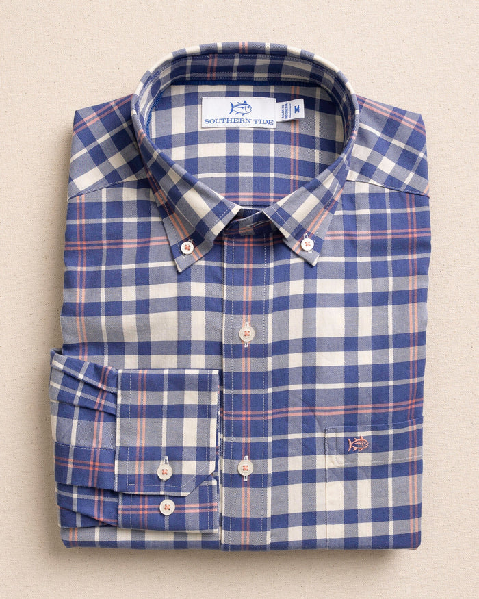 The front view of the Southern Tide Sandy Shores Heather Skipjack Sport Shirt by Southern Tide - Heather Nautical Blue