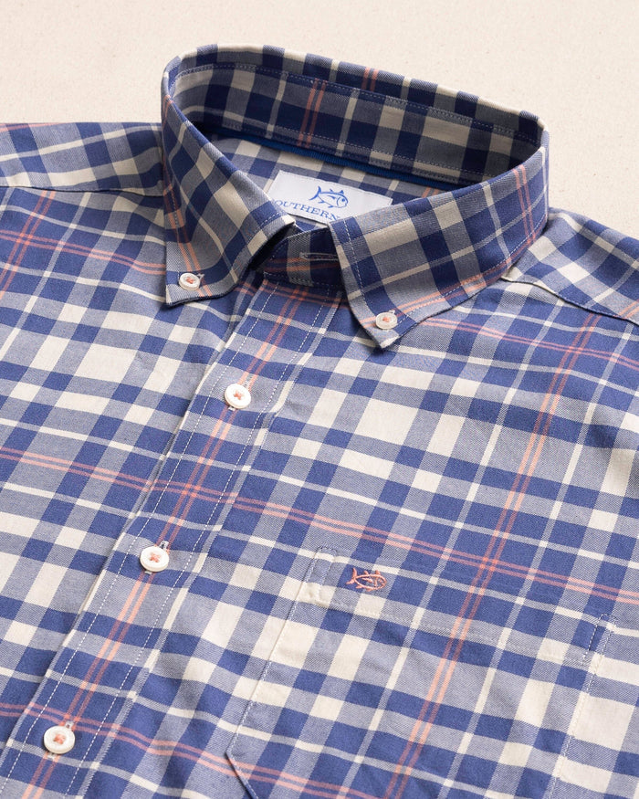 The detail view of the Southern Tide Sandy Shores Heather Skipjack Sport Shirt by Southern Tide - Heather Nautical Blue