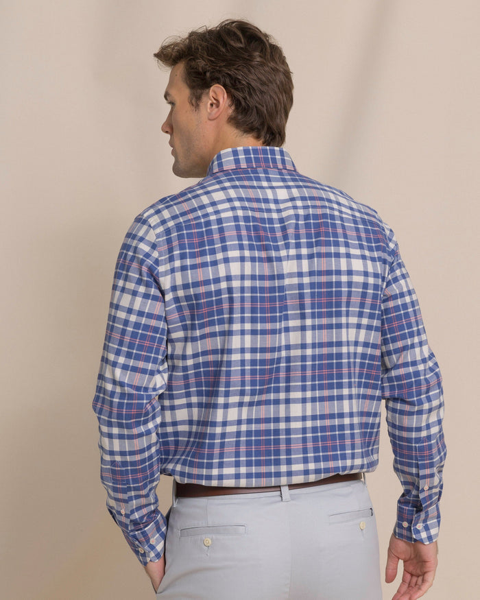 The back view of the Southern Tide Sandy Shores Heather Skipjack Sport Shirt by Southern Tide - Heather Nautical Blue