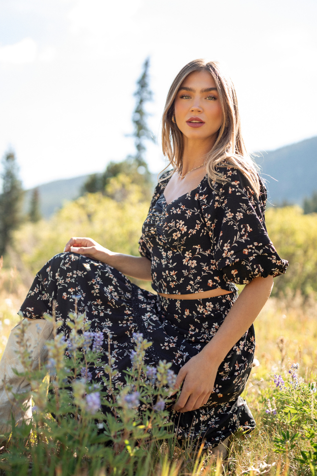 Sasha Black Floral Puff Sleeve Smocked Blouse FINAL SALE