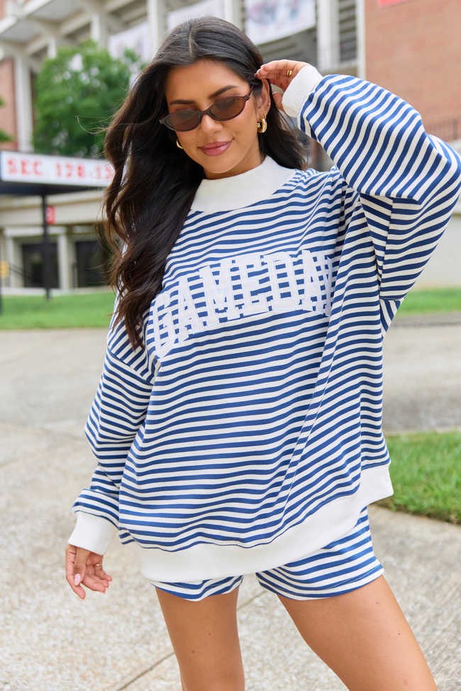 Saturday Social Gameday Blue Striped Mock Neck Sweatshirt