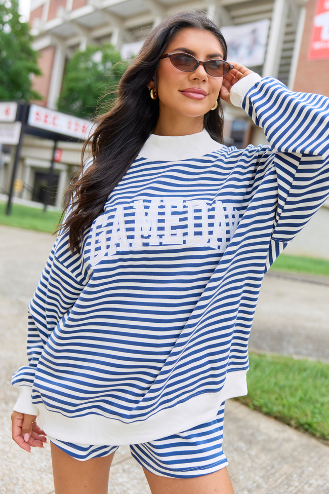 Saturday Social Gameday Blue Striped Mock Neck Sweatshirt