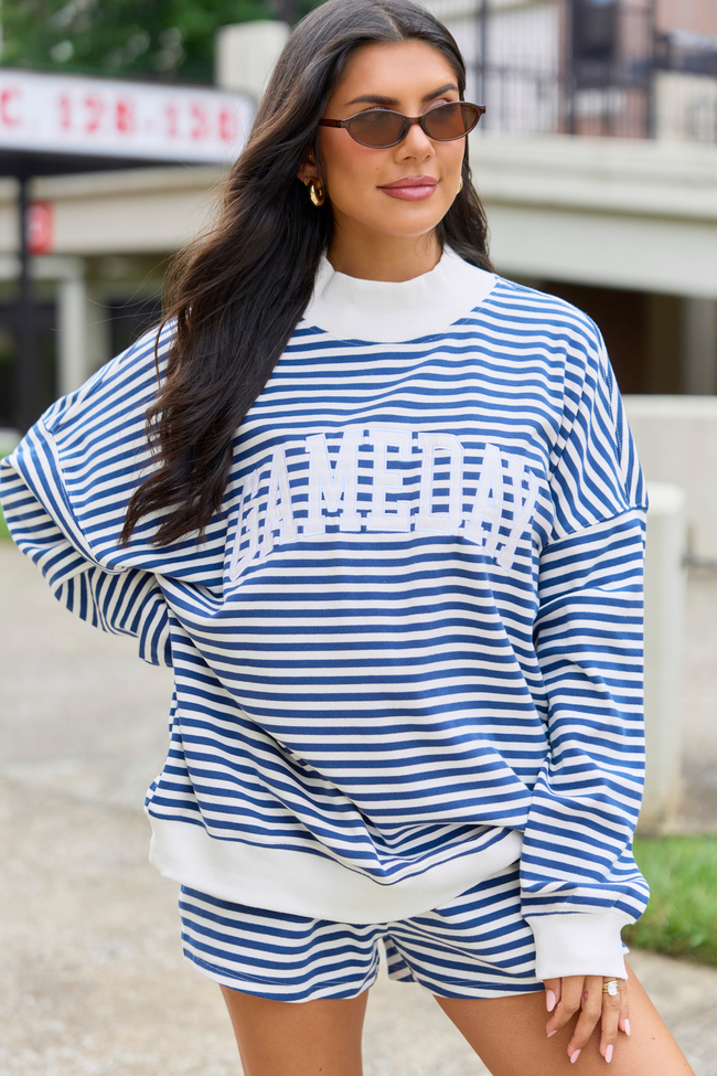 Saturday Social Gameday Blue Striped Mock Neck Sweatshirt