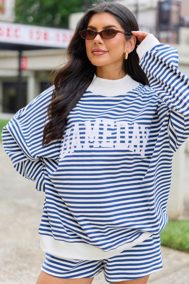 Saturday Social Gameday Blue Striped Mock Neck Sweatshirt