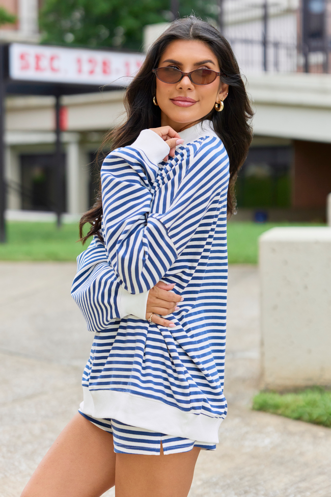 Saturday Social Gameday Blue Striped Mock Neck Sweatshirt
