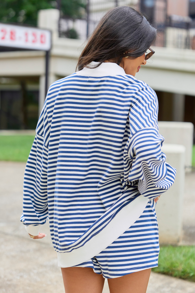 Saturday Social Gameday Blue Striped Mock Neck Sweatshirt