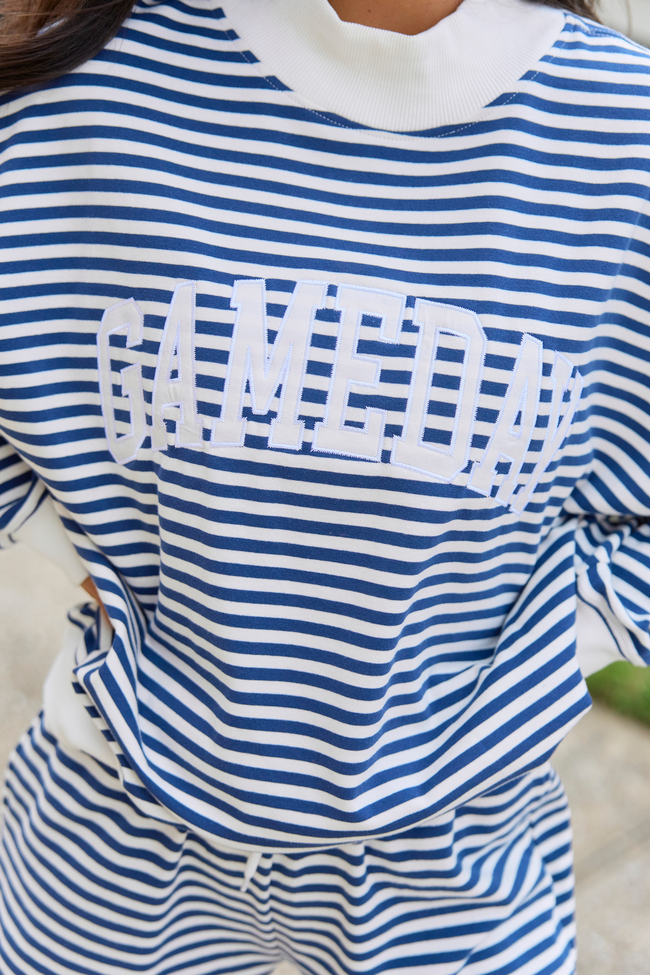 Saturday Social Gameday Blue Striped Mock Neck Sweatshirt