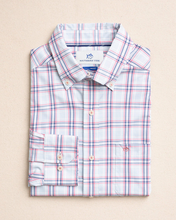 The front view of the Southern Tide Schooner Cove Coastal Breeze® Sport Shirt by Southern Tide - Dewdrop Blue