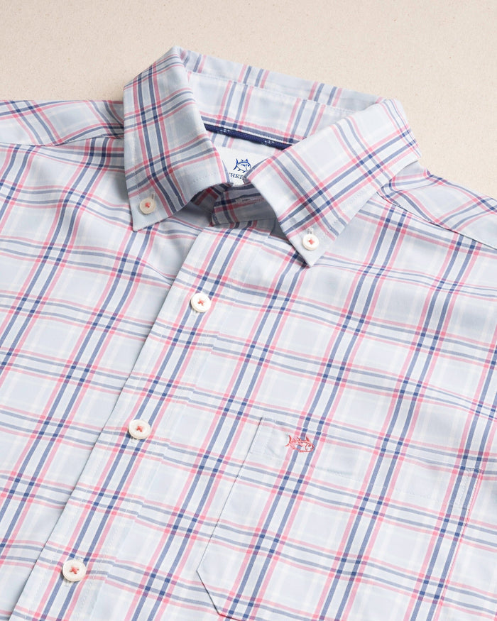 The detail view of the Southern Tide Schooner Cove Coastal Breeze® Sport Shirt by Southern Tide - Dewdrop Blue