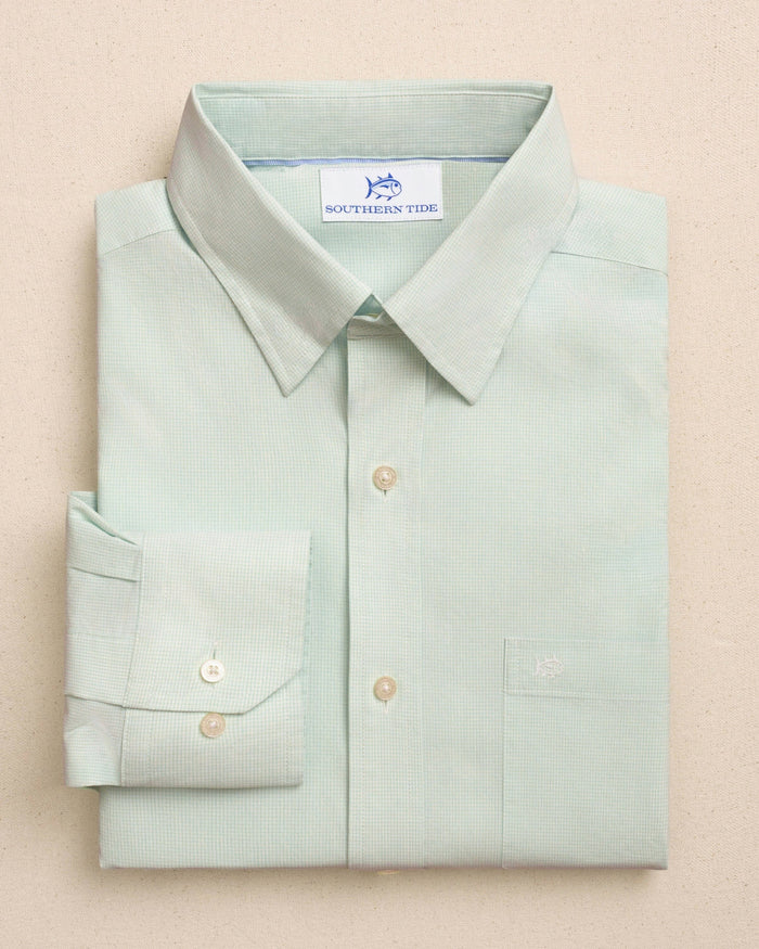 The front view of the Southern Tide Screen Porch Plaid Charleston Sport Shirt by Southern Tide - Green Ash