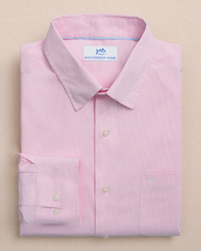 The front view of the Southern Tide Screen Porch Plaid Charleston Sport Shirt by Southern Tide - Sea Pink