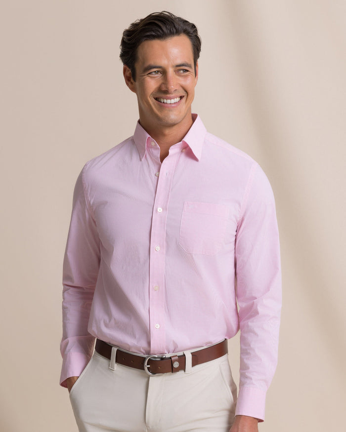 The front view of the Southern Tide Screen Porch Plaid Charleston Sport Shirt by Southern Tide - Sea Pink