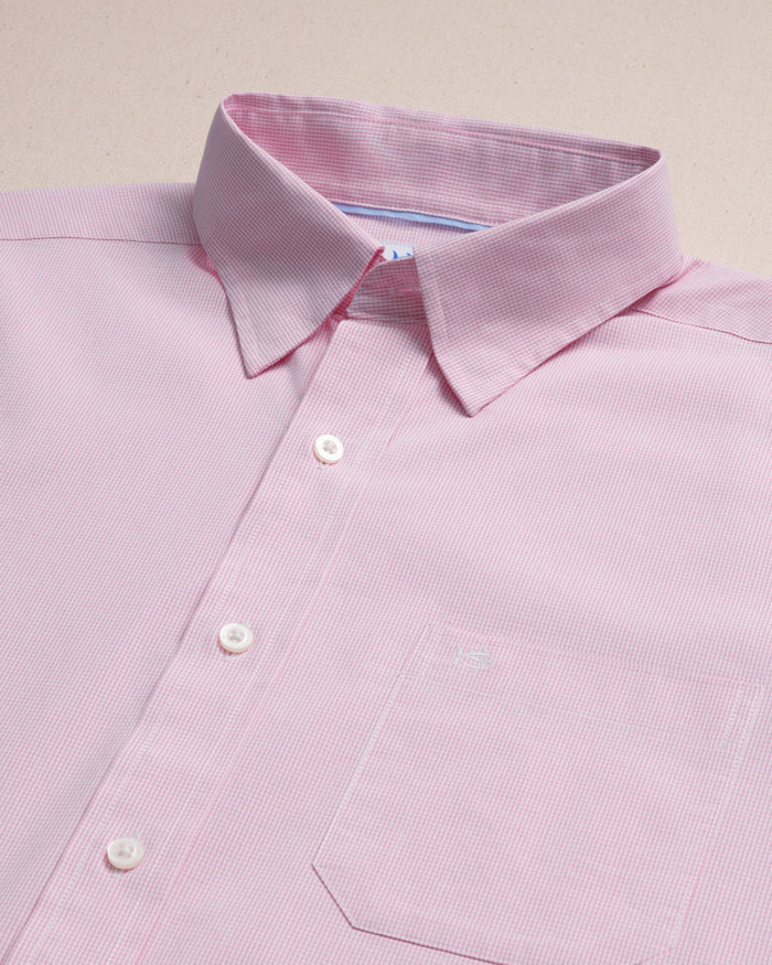 The detail view of the Southern Tide Screen Porch Plaid Charleston Sport Shirt by Southern Tide - Sea Pink