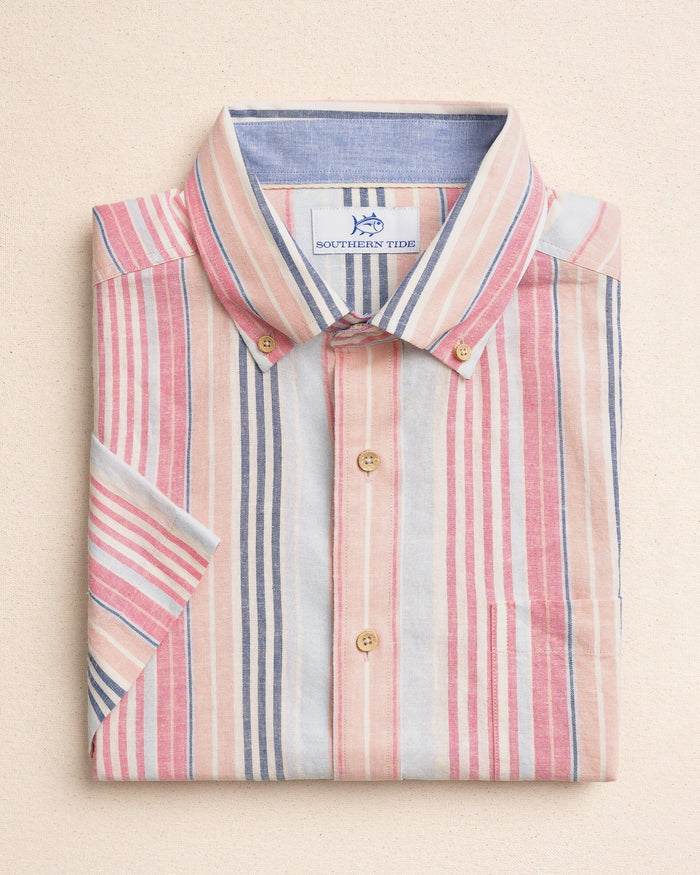 The front view of the Southern Tide Sea Voyage Stripe Linen Rayon Short Sleeve Sport Shirt by Southern Tide - Peaches N' Cream