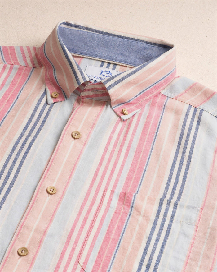 The detail view of the Southern Tide Sea Voyage Stripe Linen Rayon Short Sleeve Sport Shirt by Southern Tide - Peaches N' Cream