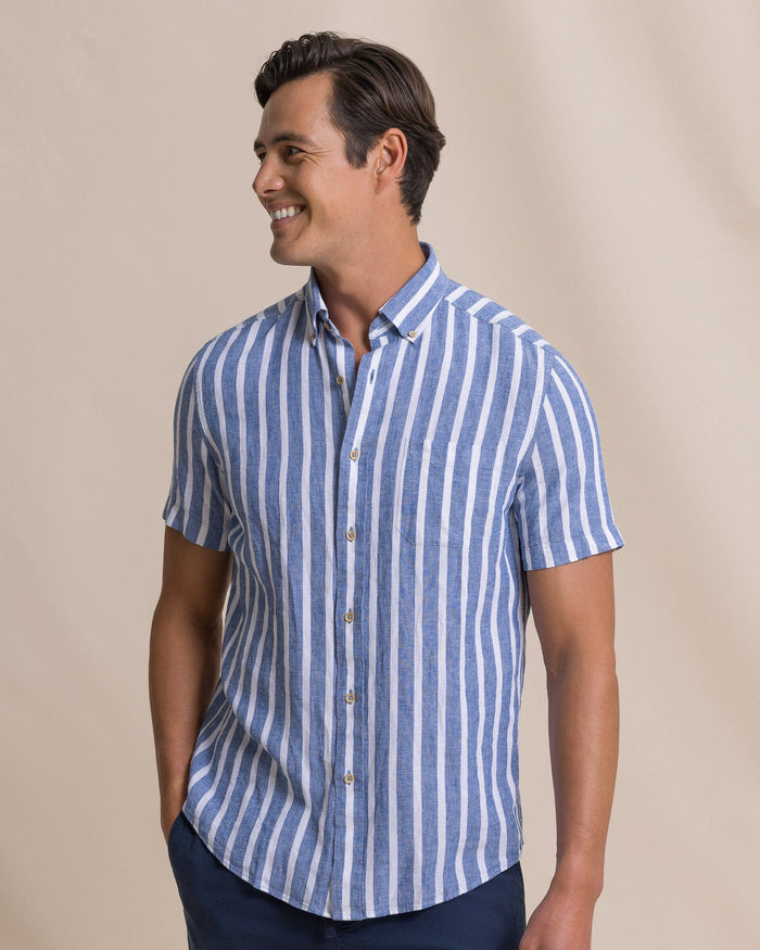 The front view of the Southern Tide Seamark Stripe Linen Rayon Short Sleeve Sport Shirt by Southern Tide - Nautical Blue