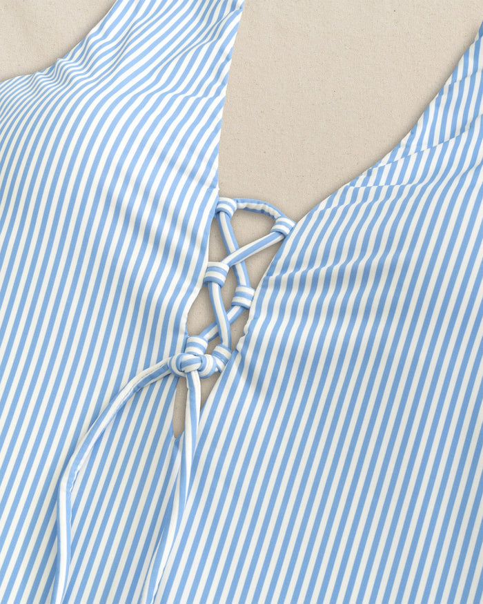 The detail view of the Southern Tide Seersucker Lace-Up One-Piece Swimsuit by Southern Tide - Ocean Channel