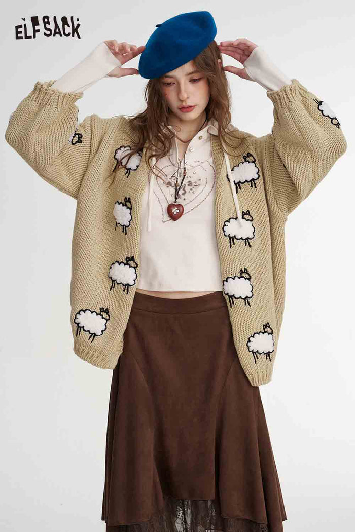 Sheep Print Loose Knit Cardigan