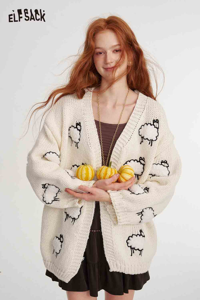 Sheep Print Loose Knit Cardigan