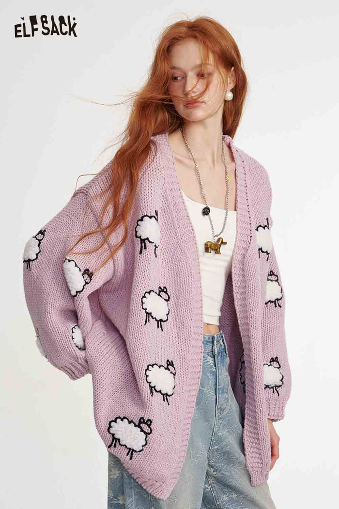 Sheep Print Loose Knit Cardigan